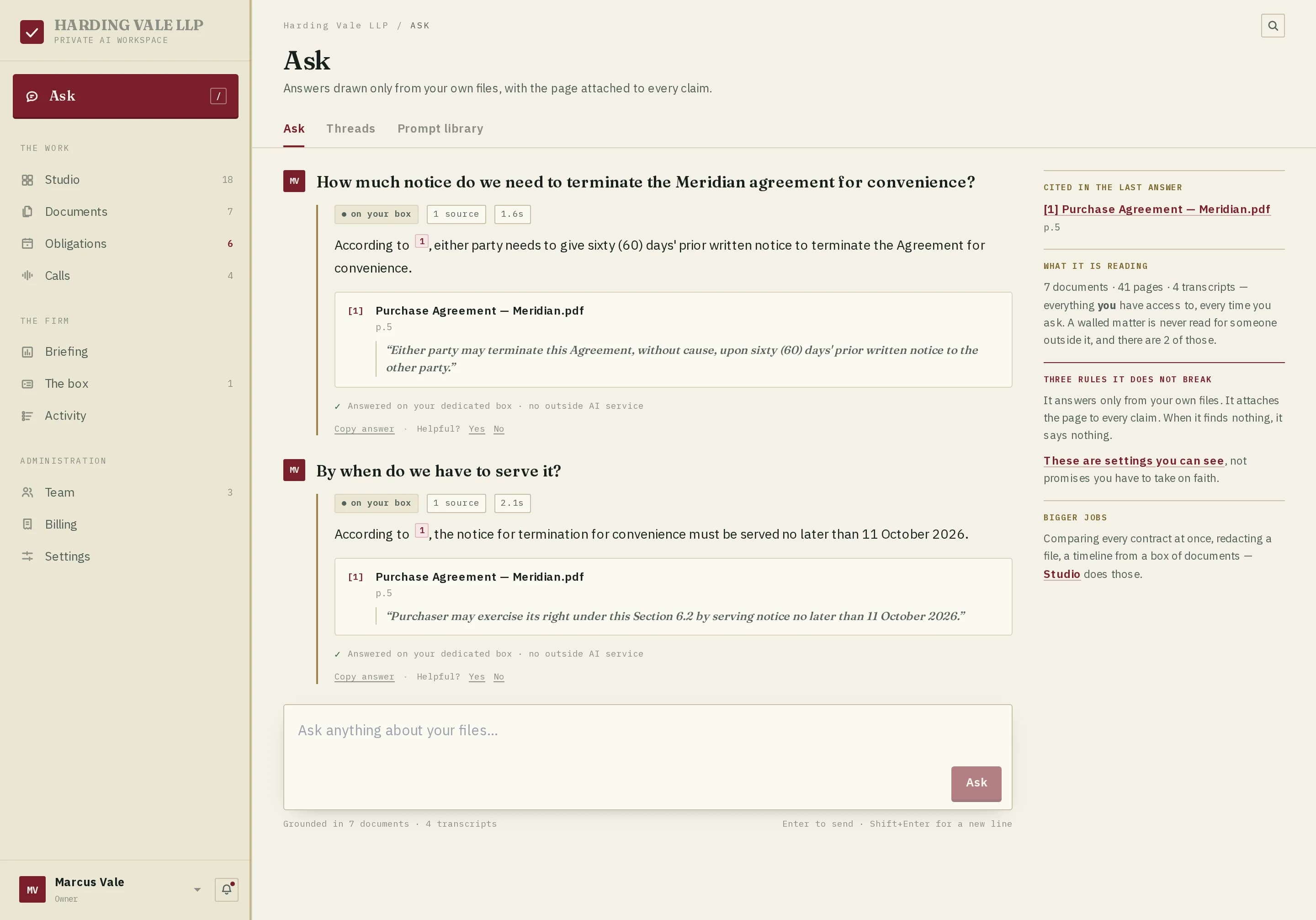 The ClientSafeAI Workspace Ask screen. Two questions about the Meridian purchase agreement, each answered from the firm's own files with a numbered citation to page 5 and the quoted line.