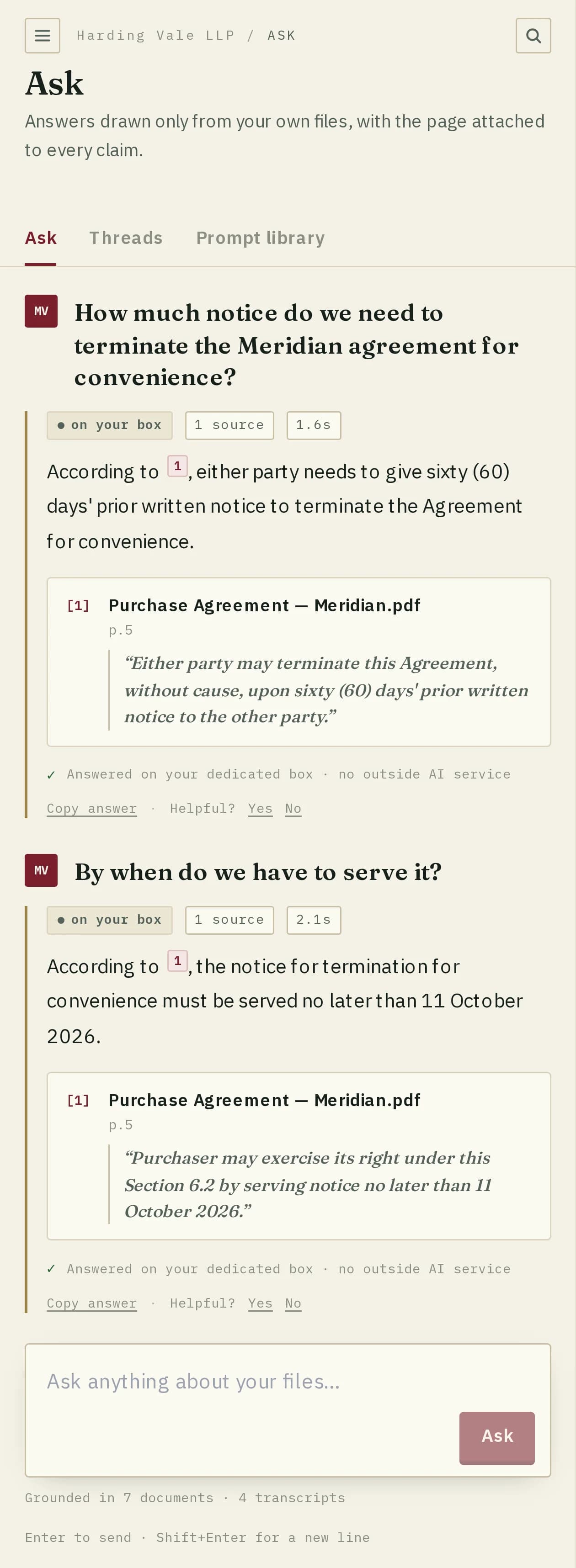 The Workspace Ask screen on a phone: sixty days' notice to terminate for convenience, served no later than 11 October 2026, each cited to Purchase Agreement — Meridian.pdf, page 5.
